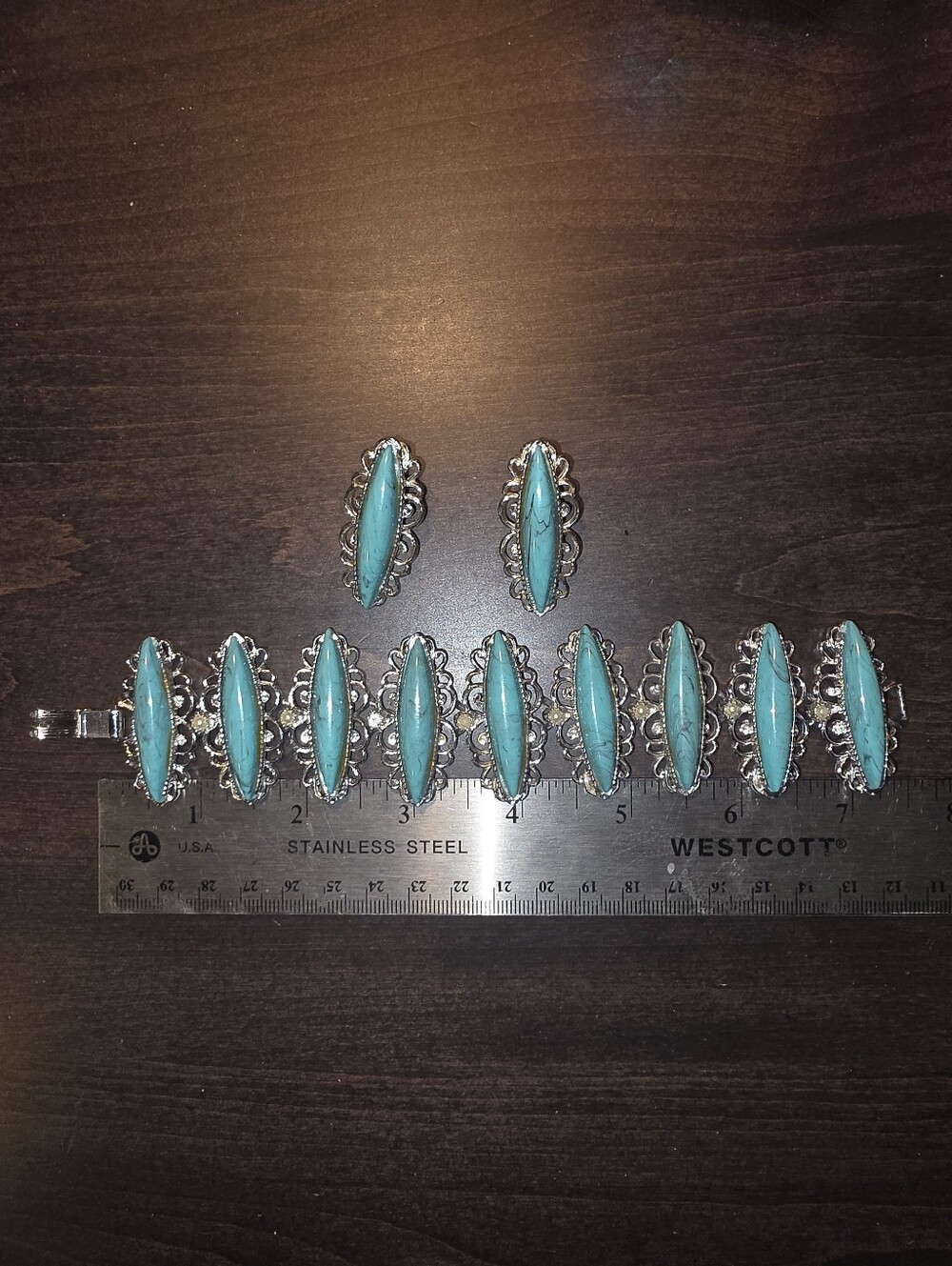 Vintage Turquoise And Silver Bracelet and Earrings Set